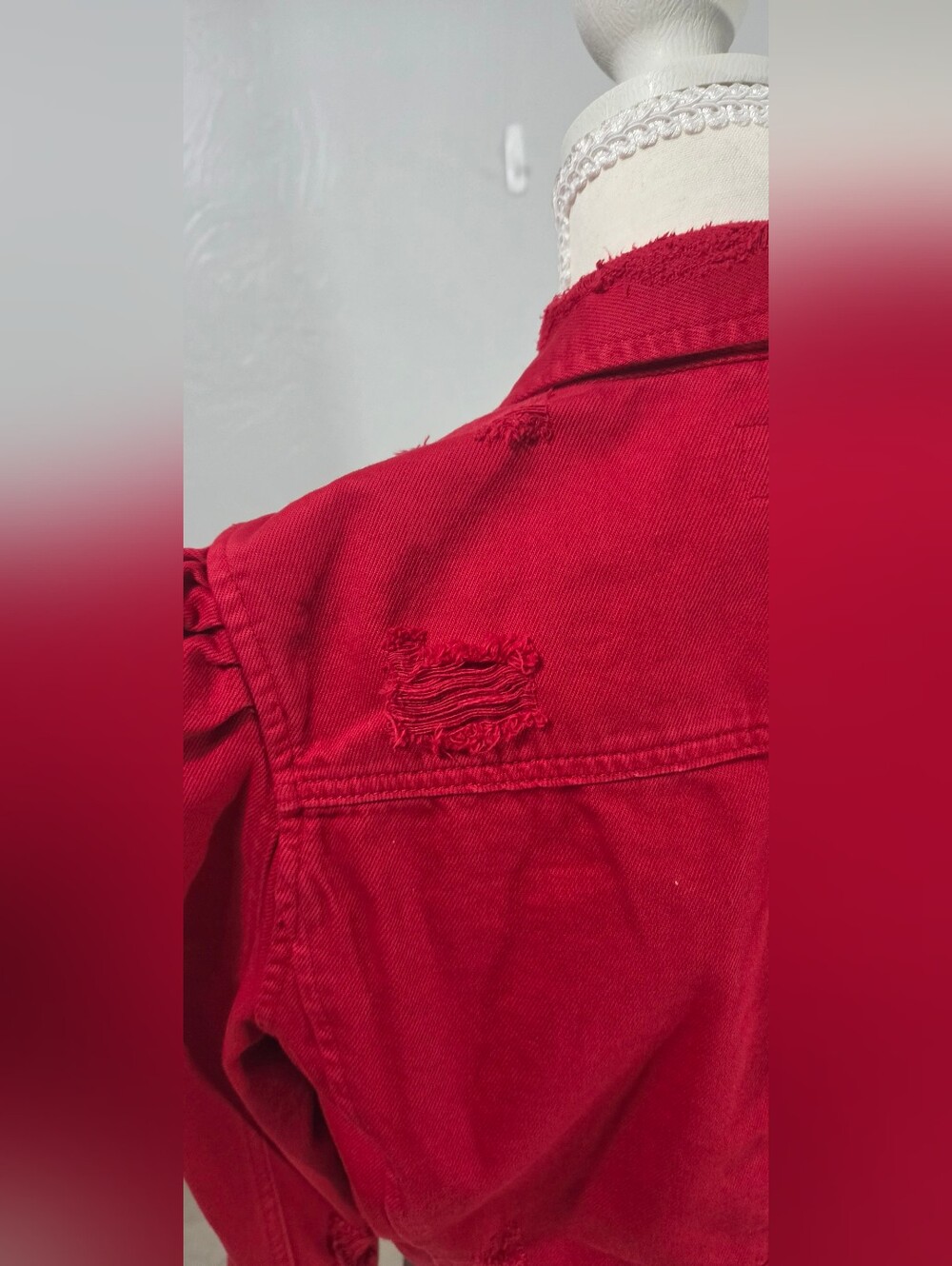 BLANKNYC Denim Jacket M Red Cropped Distressed Puff Sleeve Edgy Grunge Rocker - Picture 10 of 15